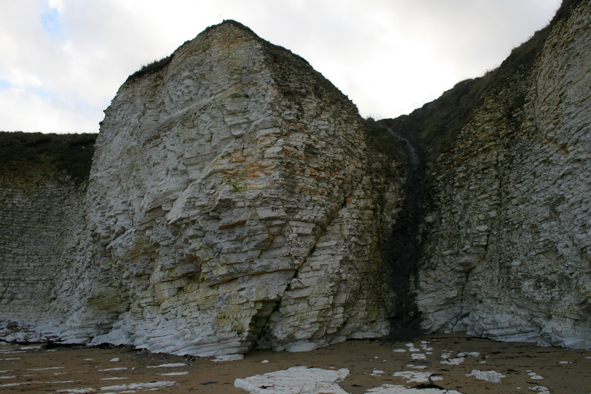 A crack formed in the chalk cliffs at Flamborough
