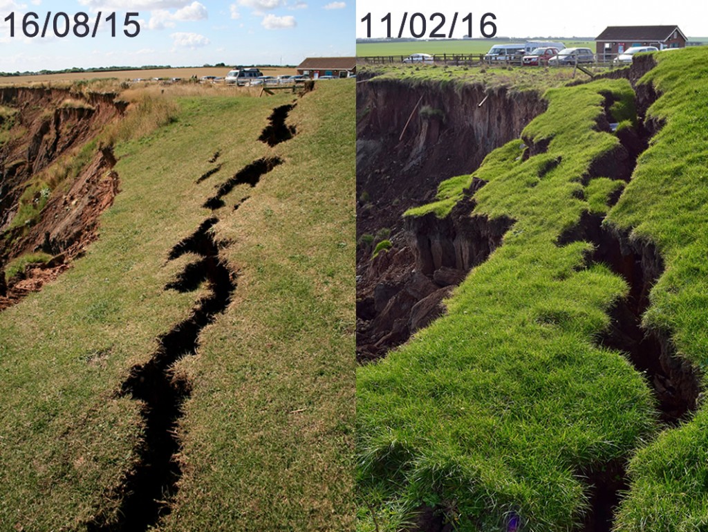 Erosion at Mappleton in August 2015 and February 2016. 