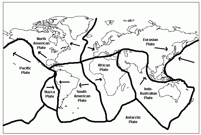 A map to show the major tectonic plates and their direction of movement