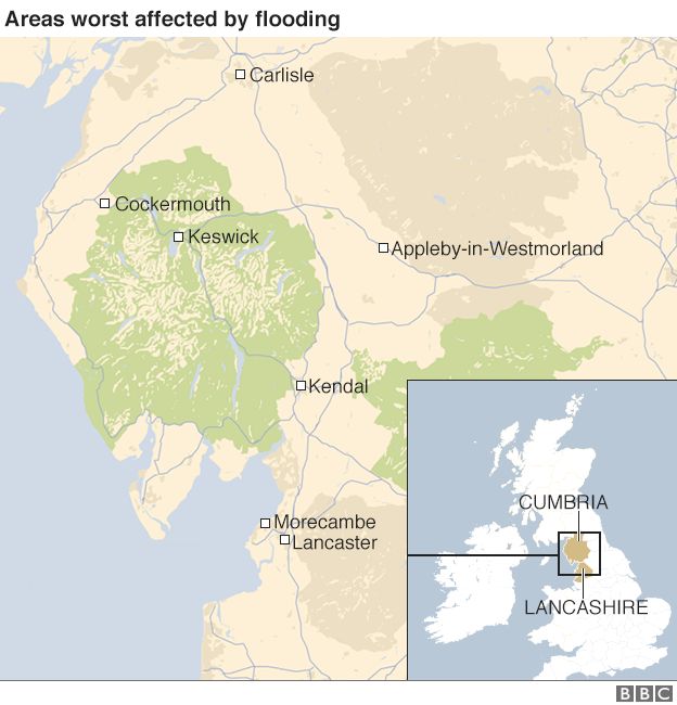 The areas worst affected by Storm Desmond - Source BBC News